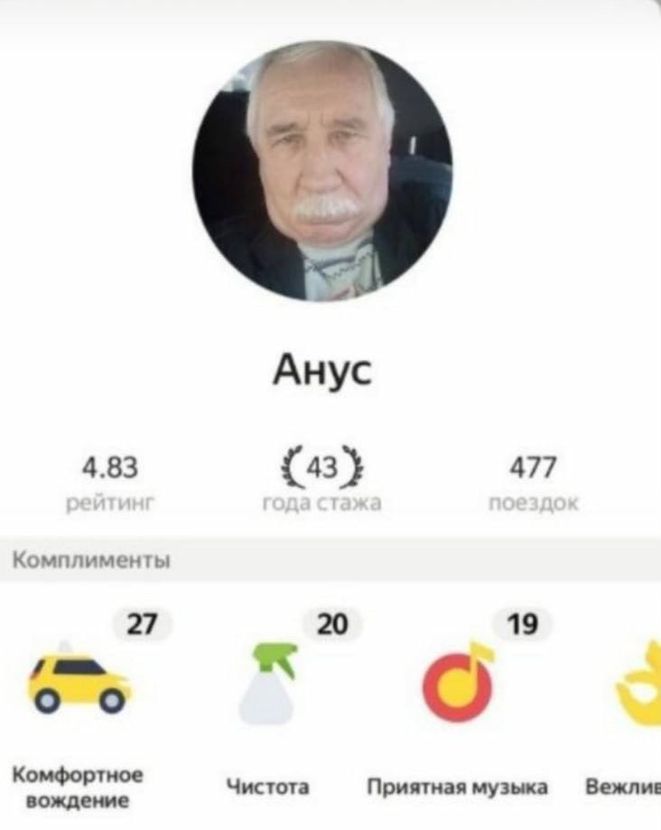 у Анус 477 {43} Комплименты 27 20 19 О Комфортное Чистота Приятная музыка Вежлие вождение