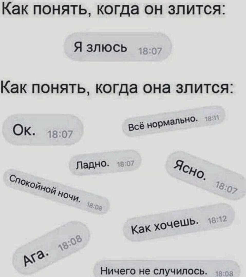 Как понять, когда он злится: Я Как понять, когда она злится: 18:07 всё нормально: Ладно. 15:07 Ясно 18 Как хочешь. 12 Ничего не случилось.