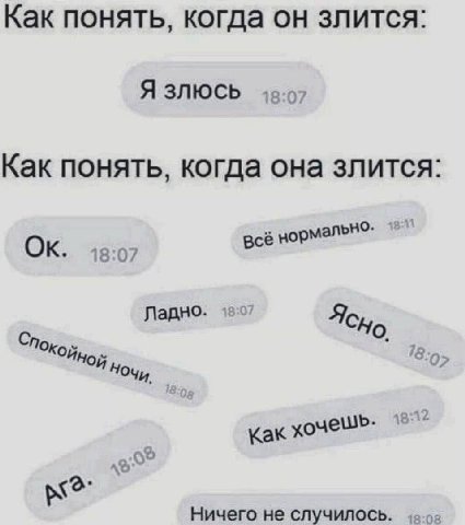 Как понять, когда он злится: Я Как понять, когда она злится: 18:07 всё нормально: Ладно. 15:07 Ясно 18 Как хочешь. 12 Ничего не случилось.