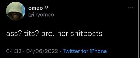отео @ihyomeo ass? tits? bro, her shitposts 04:32 04/06/2022 Twitter for iPhone