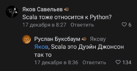 Яков Савельев Scala тоже относится к Python? 17 декабря в 8:27 Ответить 6 Руслан Буксбаум Якову Яков, Scala это Дуэйн Джонсон так то 17 декабря в 8:36 Ответить 134