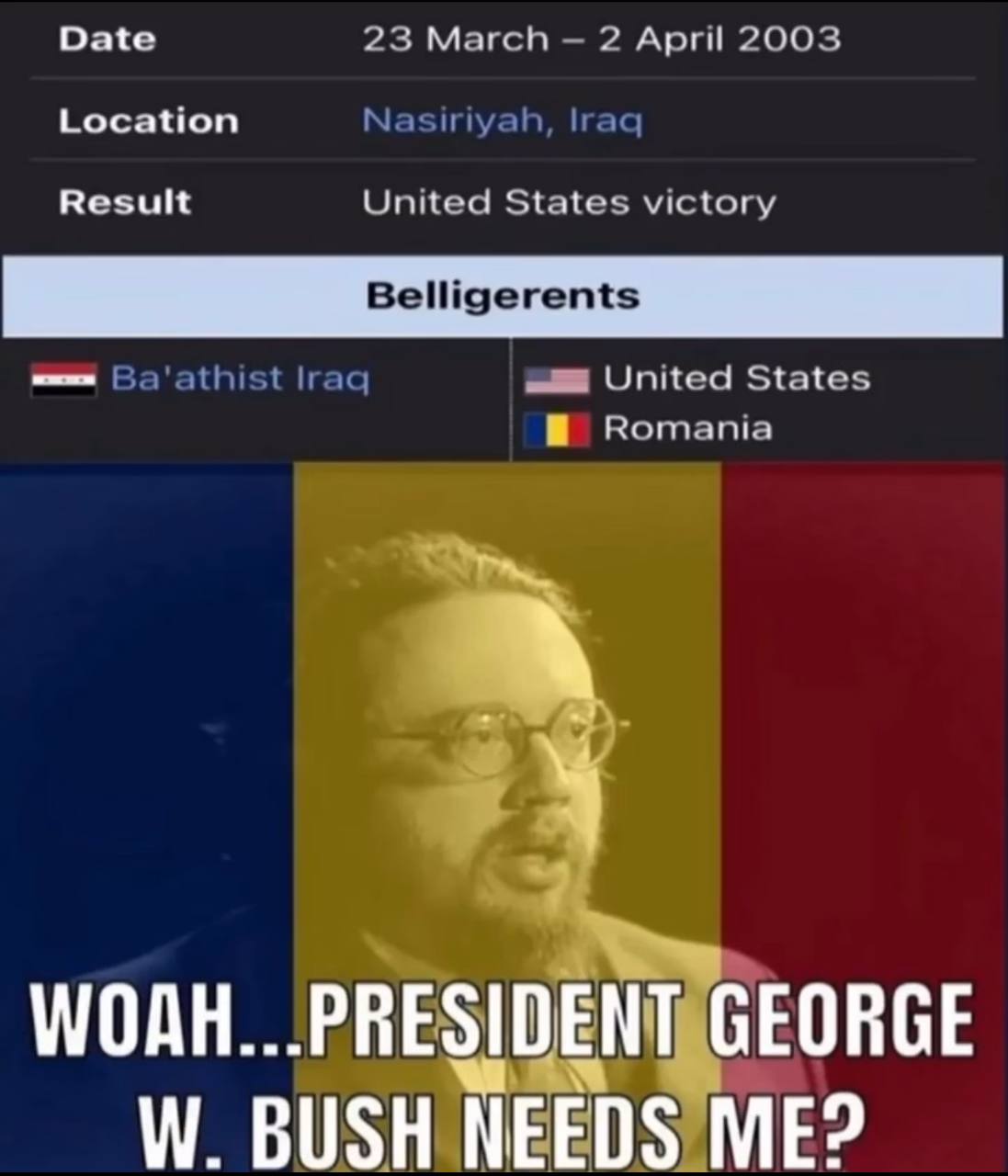 Date 23 March 2 April 2003 Location Nasiriyah, Iraq Result United States victory Belligerents |гаа United States Romania see BUSH ME? у AS