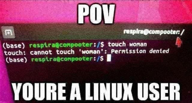 РОМ. resplra@compooter: touch woman (base) cannot touch ‘woman Permisston denied (base) YOURE A LINUK USER
