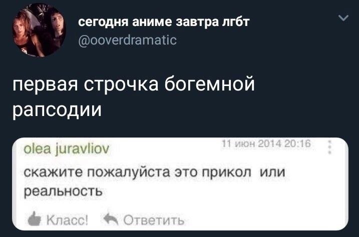 4) сегодня аниме завтра лгбт @ooverdramatic первая строчка богемной рапсодии оеа juravliov скажите пожалуйста это прикол или реальность