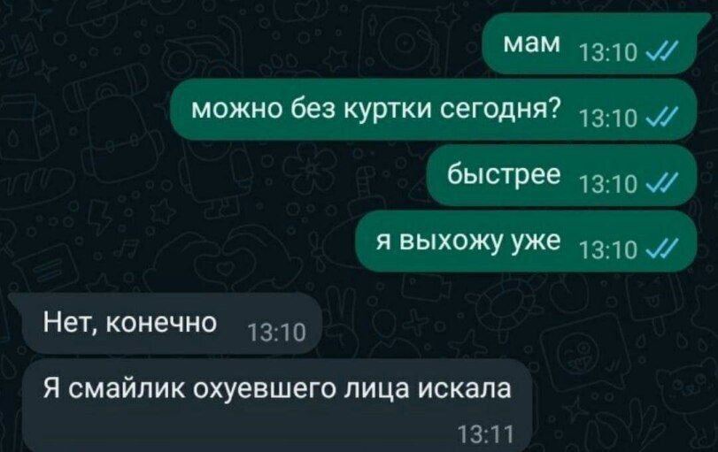 мам можно без куртки сегодня? быстрее я выхожу уже Нет, конечно Я смайлик охуевшего лица искала