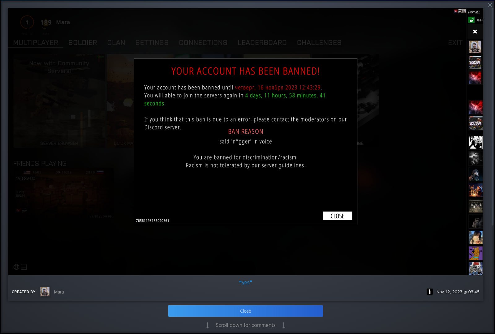 1 189 мага (Borer MULTIF SOLDIER CLAN SETTINGS CONNECTIONS LEADERBOARD CHALLENGES я YOUR ACCOUNT HAS BEEN BANNED! Your account has been banned until четверг, 16 ноября 2023 12:43:29. You will able to 