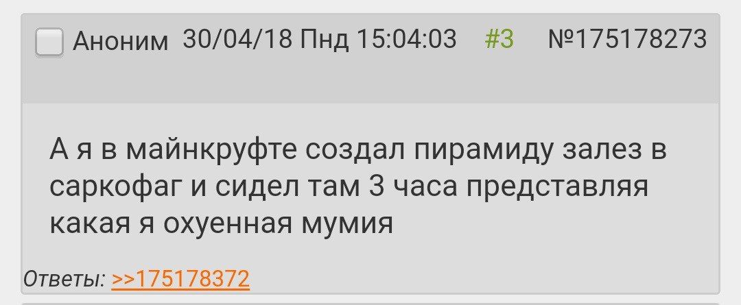 Аноним 30/04/18 Пнд 15:04:03 #3 майнкруфте создал пирамиду залез в саркофаг и сидел там 3 часа представляя какая я охуенная мумия Ответы: >>175178372