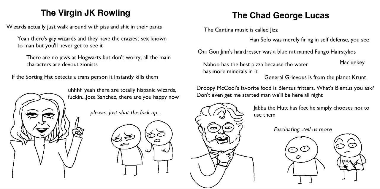 The Virgin Rowling The Chad George Lucas Wizards actually just walk around with piss and shit in their pants The Cantina music is called Jizz Yeah there's gay wizards and they have the craziest sex kn