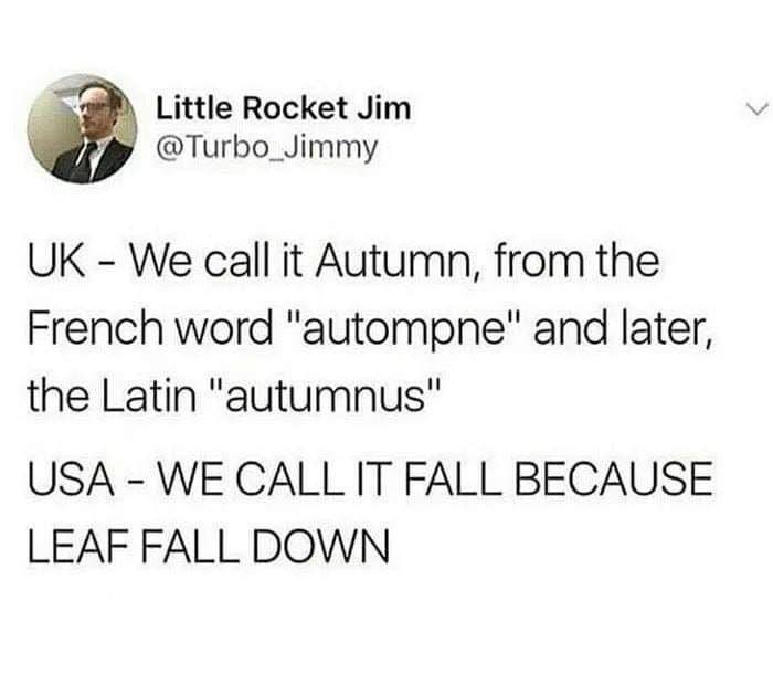 Little Rocket Jim @Turbo_Jimmy We call it Autumn, from the French word "autompne" and later, the Latin "autumnus" USA WE CALL IT FALL BECAUSE LEAF FALL DOWN