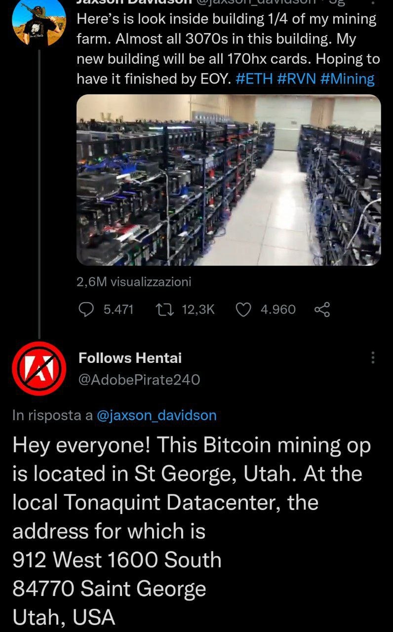 ЗУЕЕ Here’s is look inside building 1/4 of my mining farm. Almost all in this building. My new building will be all 17Ohx cards. Hoping to have it finished EOY. у Follows Hentai Hey everyone! This Bit