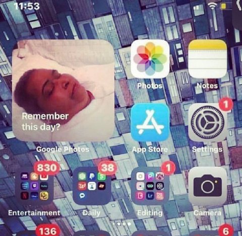 11:53 of Notes Photos 4 Remember this day? A, Google Photos Settings App Store 830% 3 с о 1 Entertainment Camera Daily Editing 136