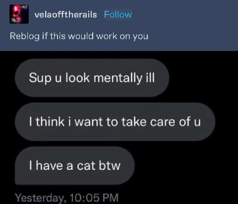 velaofitherails Reblog if this would work on you Sup look mentally ill think i want to take care of Рауе btw