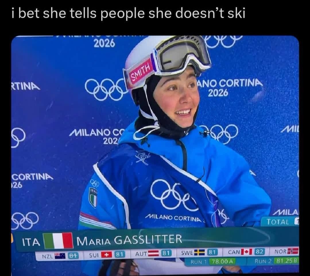 i bet she tells people she doesn’t ski 2026 CORTINA, MALANO Mil MILA So MILANO CORTINA ТОТАЕ Maria NOR sul SWE RUN 1 RUN 2