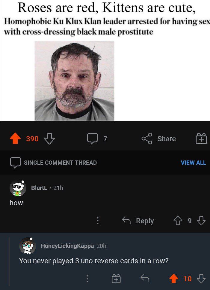 Roses are red, Kittens are cute, Homophobic Klux Klan leader arrested for having with cross-dressing black male prostitute if Share (2 SINGLE COMMENT THREAD BlurtL how о 7 Веру You never played 3 uno 