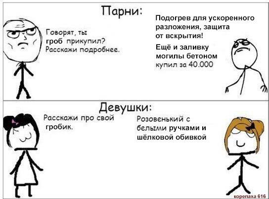 Парни Подогрев для ускоренного разложения, защита Говорят, ты от вскрытия! on гроб прикупил? Расскажи подробнее. Ещё и заливку могилы бетоном купил за 40.000 Девушки: Расскажи про свой Розовенький с г