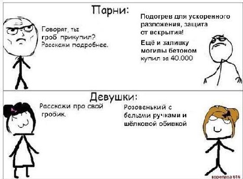 Парни Подогрев для ускоренного разложения, защита Говорят, ты от вскрытия! on гроб прикупил? Расскажи подробнее. Ещё и заливку могилы бетоном купил за 40.000 Девушки: Расскажи про свой Розовенький с г