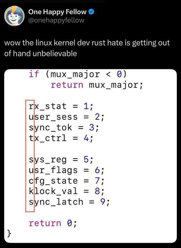 One Happy Fellow wow the linux kernel dev rust hate is getting out of hand unbelievable if (mux_major return mux_major; 1; 2; syne_tok 3; tx_etrl Sys_reg 5; usr_flags 6; 7 КЛоск_\а1 8; 9; return