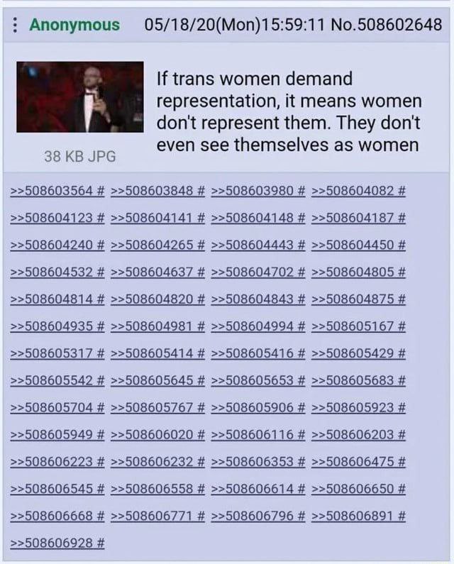 Anonymous 05/18/20(Моп)15:59:11 №.508602648 If trans women demand representation, it means women don't represent them. They don't even see themselves as women >>508603564 >>508603848 >>508603980 >>508