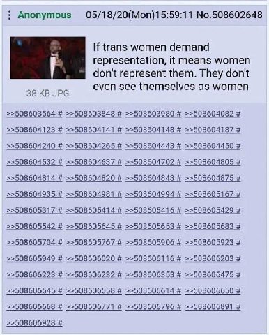 Anonymous 05/18/20(Моп)15:59:11 №.508602648 If trans women demand representation, it means women don't represent them. They don't even see themselves as women >>508603564 >>508603848 >>508603980 >>508