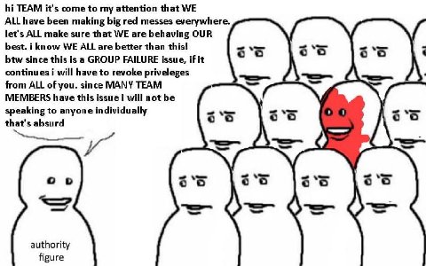 TEAM it's come to my attention that WE ALL have been making big red messes everywhere. let's ALL make sure that WE are behaving OUR best. i know WE ALL are better than this! btw since this is а GROUP 