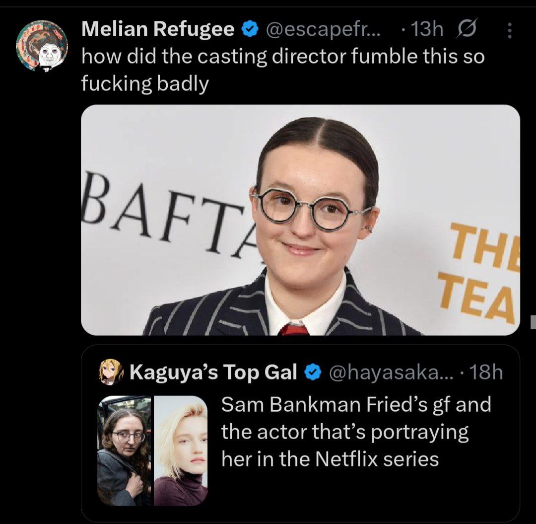 Melian Refugee @езсарей... how did the casting director fumble this so fucking badly Kaguya’s Тор Gal @hayasaka... Sam Bankman Fried’s and that’s portraying the Netflix series