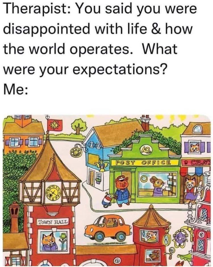 Therapist: You said you were disappointed with life how the world operates. What were your expectations? Me BAL
