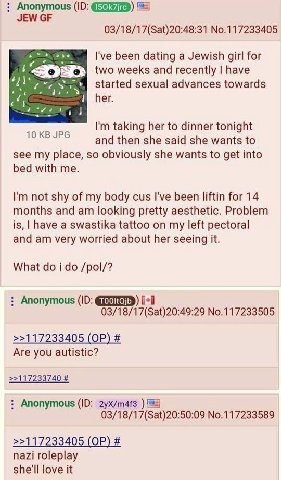 Anonymous JEW 03/18/17(Sat)20:48:31 No.117233405 been dating a Jewish girl for two weeks and recently have started sexual advances towards 4 taking her to dinner tonight and then she said she wants to