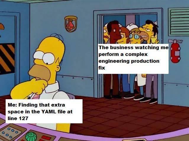 a The ess watching perform a сотрех engineering production fix Finding that extra space in the YAML file at line 127