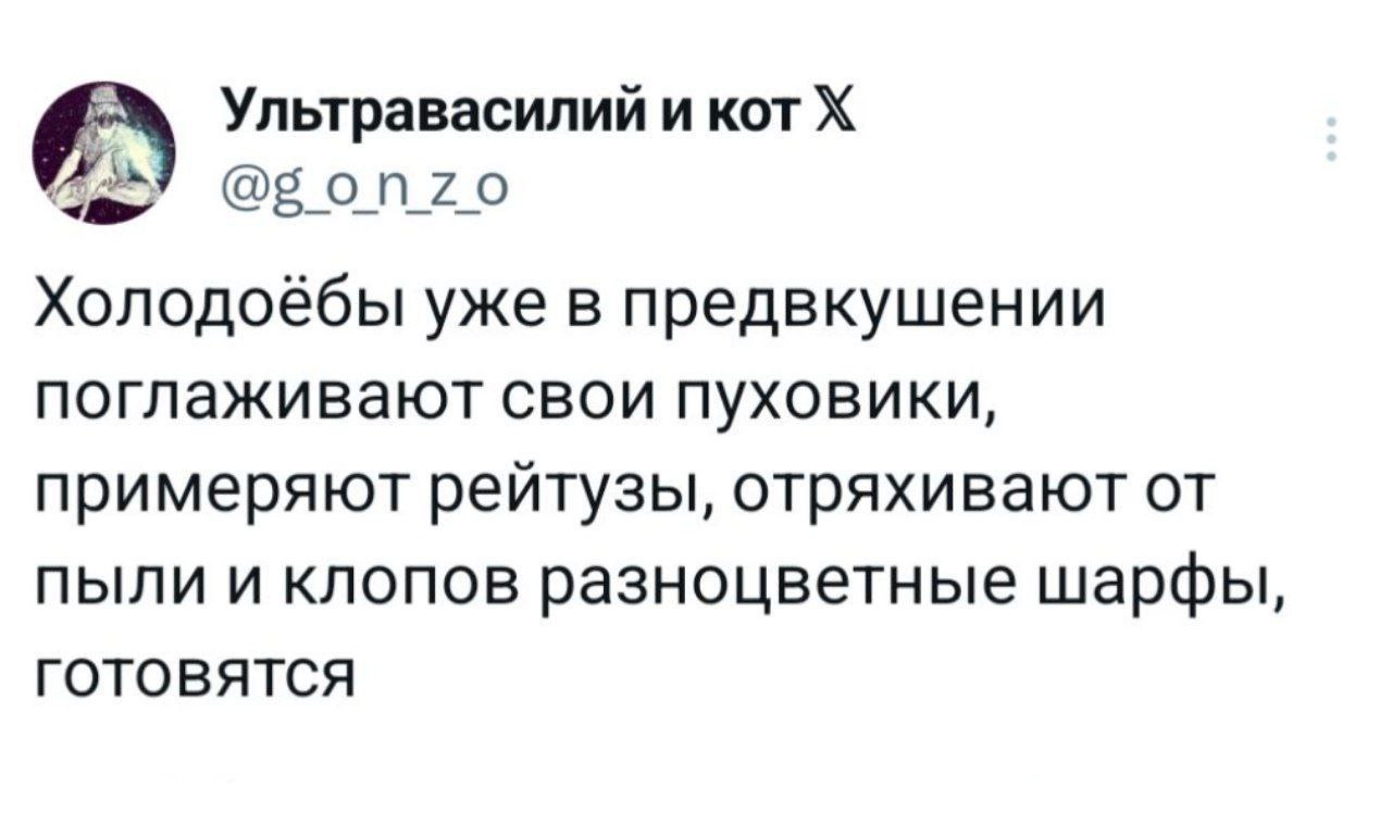 Ультравасилиий и кот onZo Холодоёбы уже в предвкушении поглаживают свои пуховики, примеряют рейтузы, отряхивают от пыли и клопов разноцветные шарфы, ГОТОВЯТСЯ