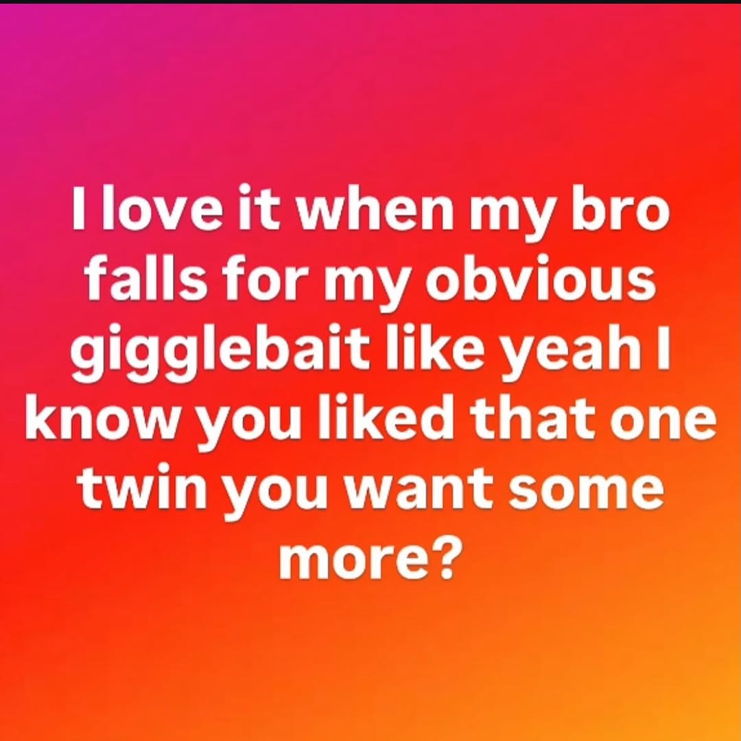 Поме when my bro falls for my obvious gigglebait like yeah! know you liked that one twin you want some more?