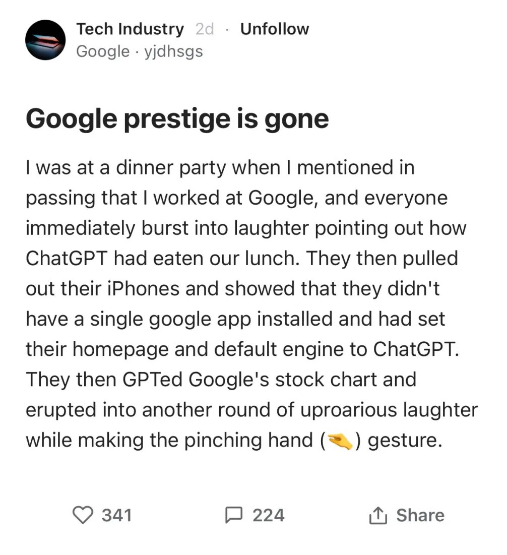 Tech Industry Unfollow Google yjdhsgs Google prestige is gone was at a dinner party when mentioned in passing that worked at Google, and everyone immediately burst into laughter pointing out how ChatG