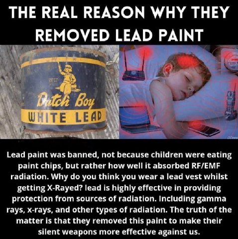 THE REAL REASON WHY THEY REMOVED LEAD PAINT Lead paint was banned, not because children were eating paint chips, but rather how well it absorbed RF/EMF radiation. Why you think you wear a lead vest wh