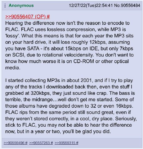 Anonymous 12/27/22(Tue)22:54:41 No.90556484 >>90556407 Hearing the difference now isn't the reason to encode to FLAC. FLAC uses lossless compression, while is What this means is that for each year the