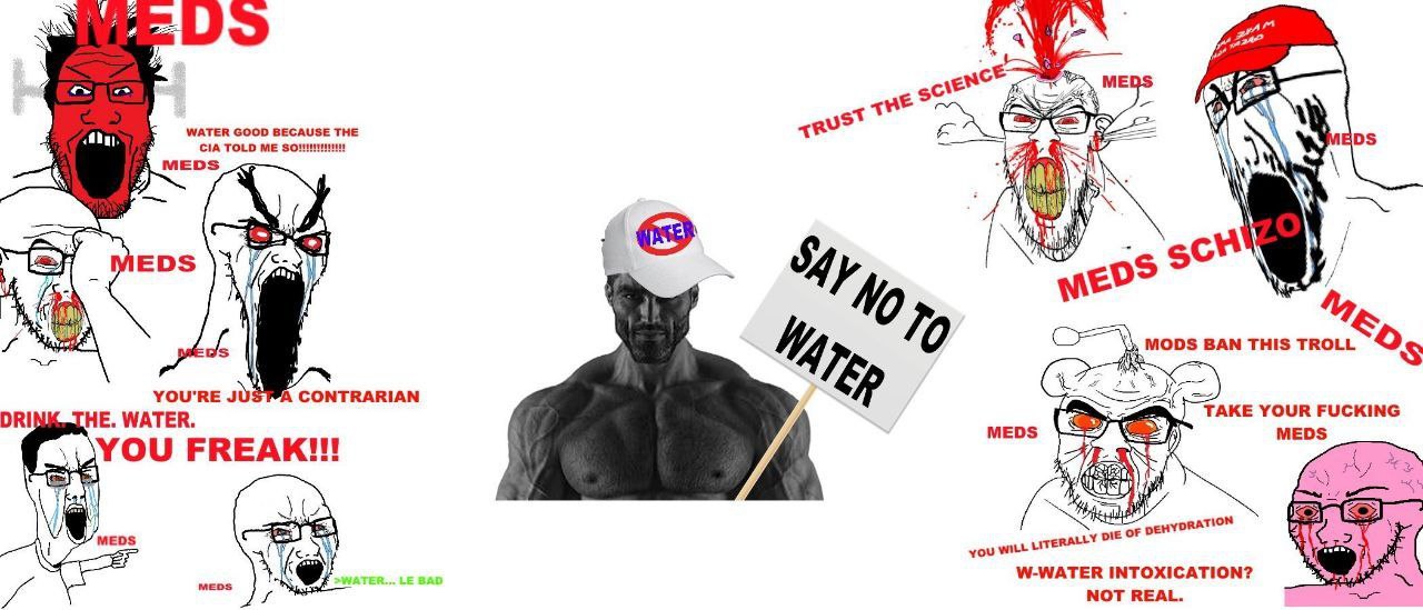 2" WATER GOOD BECAUSE THE aN MEDS CIA TOLD SO! EDs MODS ВАМ THIS TROLL 95 YOU'RE CONTRARIAN DRI HE. WATER MEDS TAKE YOUR FUCKING MEDS ЕВЕА MEDS you LITERAL OF W-WATER INTOXICATION? MEDS NOT REAL.