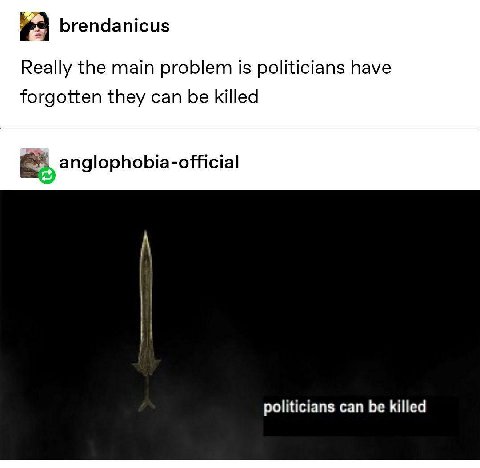#3 brendanicus Really the main problem is politicians have forgotten they can be killed anglophobia-official A politicians can be killed