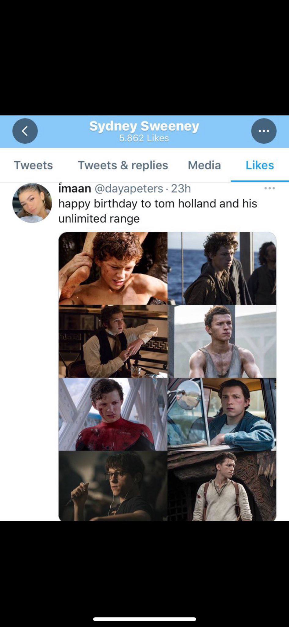 Tweets Tweets replies Media imaan @dayapeters happy birthday to tom holland and his unlimited range A of