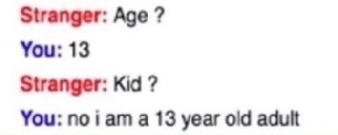 Stranger: Age You: 13 Stranger: Kid You: noi a 13 year old adult
