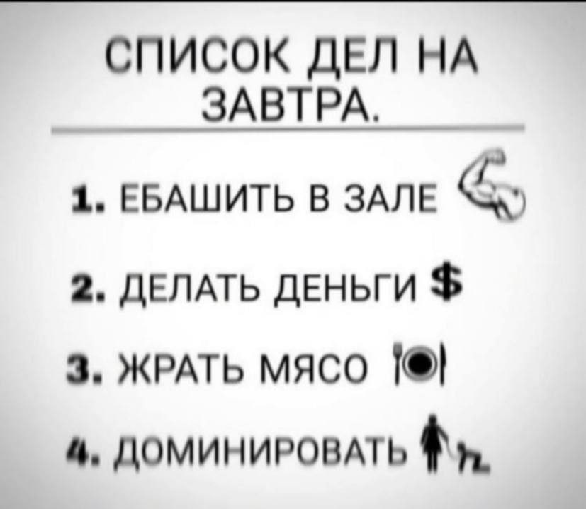 СПИСОК ДЕЛ НА ЗАВТРА. 1. ЕБАШИТЬ В ЗАЛЕ 2. ДЕЛАТЬ ДЕНЬГИ 3, ЖРАТЬ МЯСО 4, ДОМИНИРОВАТЬ