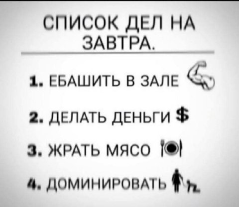 СПИСОК ДЕЛ НА ЗАВТРА. 1. ЕБАШИТЬ В ЗАЛЕ 2. ДЕЛАТЬ ДЕНЬГИ 3, ЖРАТЬ МЯСО 4, ДОМИНИРОВАТЬ