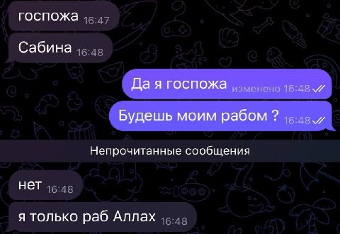 госпожа Сабина Да я госпожа Будешь моим рабом Непрочитанные сообщения нет я только раб Аллах
