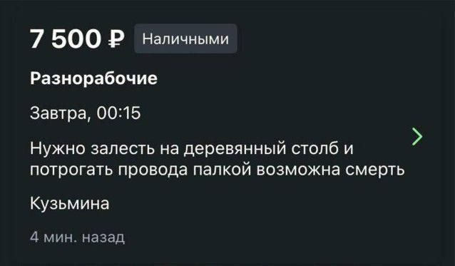 7 500 наличными Разнорабочие Завтра, 00:15 Нужно залесть на деревянный столб и потрогать провода палкой возможна смерть Кузьмина 4 мин. назад