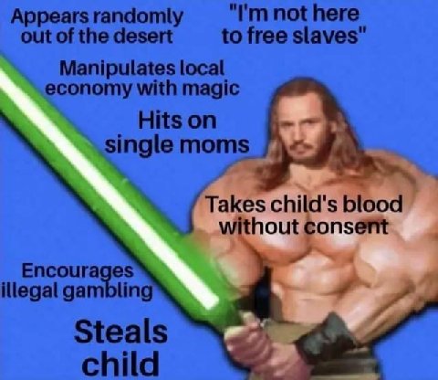Appears randomly not here out of the desert to free slaves" Manipulates local economy with magic Hits on single moms А Takes child's blood without consent illegal gambling Steals child