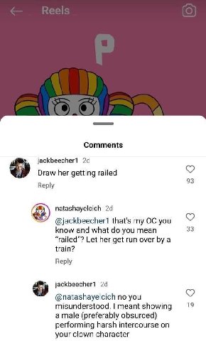 Comments jackbeecher1 Draw her getting railed Веру natashayelcich “7” that’s my you know and what you mean 33 “railed”? Let her get run over a train? Reply jackbeecher1 @natashayelcich no you пеап{ 19