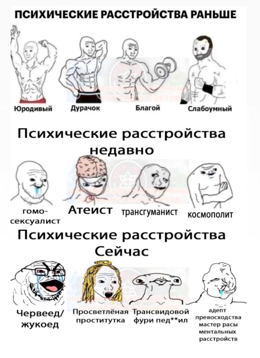 ПСИХИЧЕСКИЕ РАССТРОЙСТВА РАНЬШЕ 2% 2 2 Дурачок Благой Психические расстройства недавно Атеист трансгуманист космополит сексуалист Психические расстройства Сейчас #7: A= адепт Червеед/ Просветлёная Тра