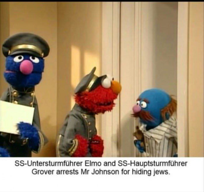 Elmo and Grover arrests Johnson for hiding jews.