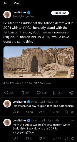 Post Lord Miles @real_lord_miles visited the Budda that the Taliban destroyed in 2001 with an RPG. honestly stand with the Taliban on this one, Buddhism is a nonsense religion. If had an RPG 2001, wou