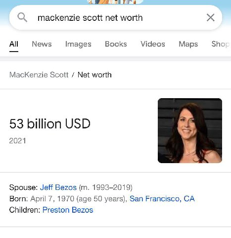 mackenzie scott net worth News Books Videos Images Maps MacKenzie Scott Net worth 53 billion USD 2021 Spouse: Jeff Bezos 1993-2019) Born: April 7, 1970 (age 50 years), San Francisco, Children: Preston