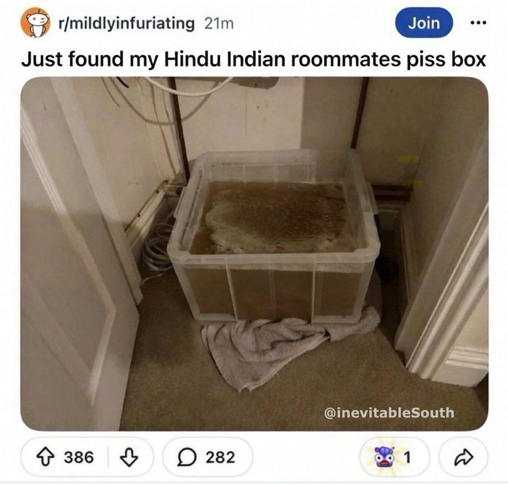 r/mildlyinfuriating Just found my Hindu Indian roommates piss box @inevitableSouth 386 282