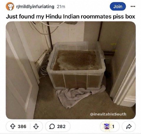 r/mildlyinfuriating Just found my Hindu Indian roommates piss box @inevitableSouth 386 282