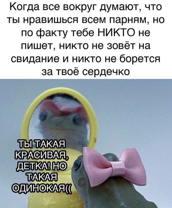 Когда все вокруг думают, что ты нравишься всем парням, но по факту тебе НИКТО не пишет, никто не зовёт на свидание и никто не борется за твоё сердечко КРАСИВАЯ ОДИНОКА Я